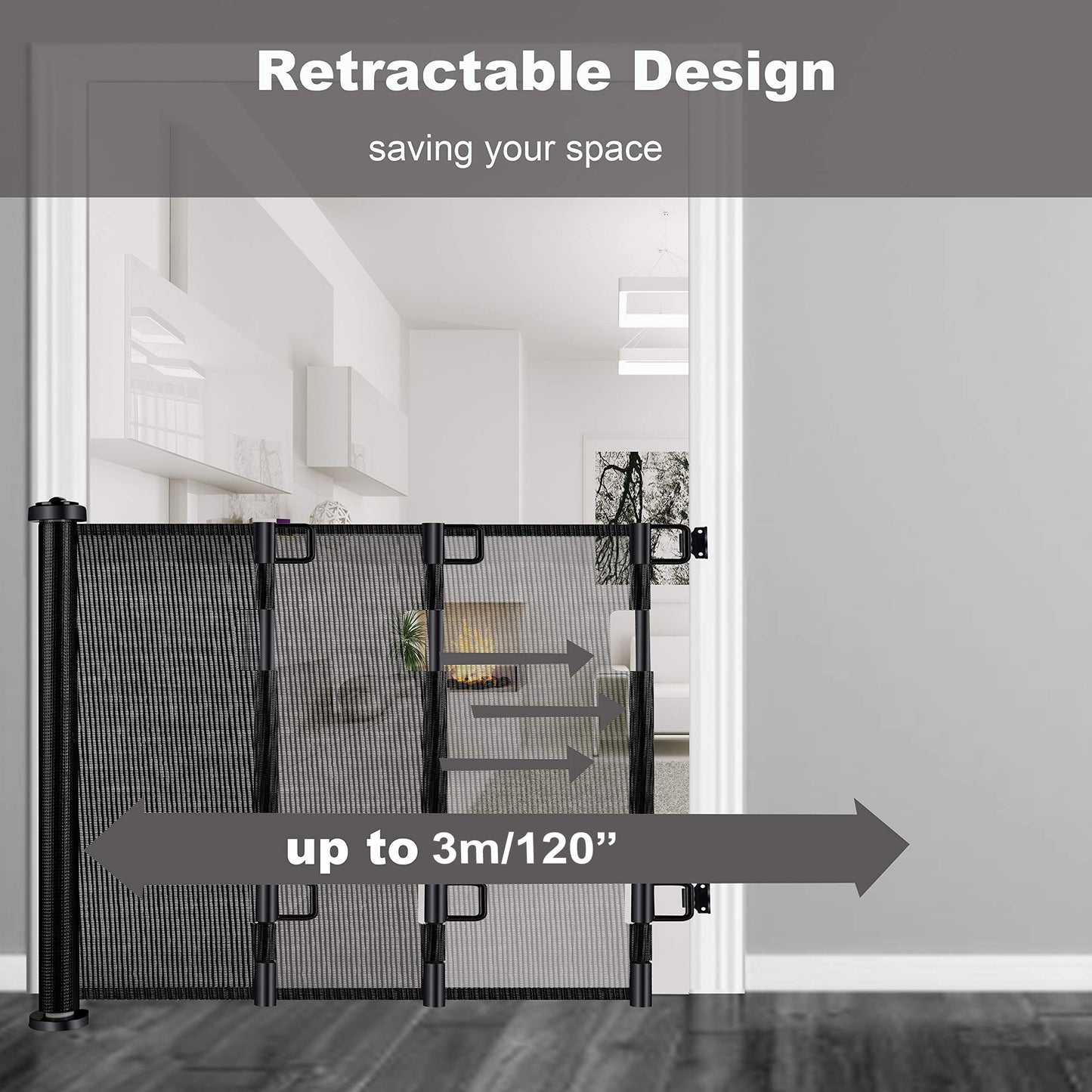 Retractable 3M Safety Baby Gate for Doorways Hallways Stairs (Black)